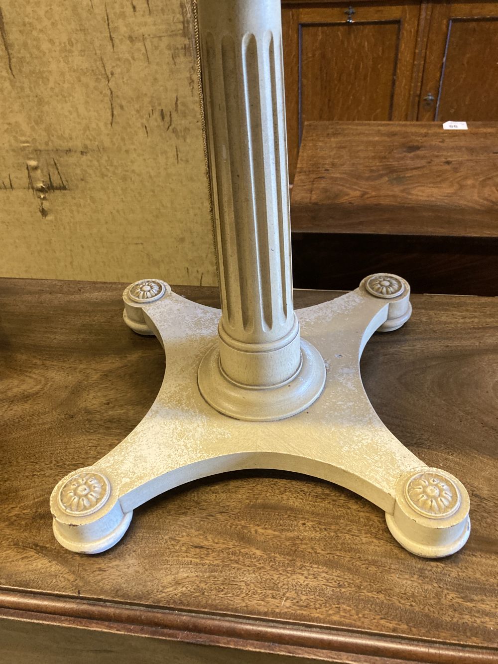 A Regency style square topped table, painted with a classical scene, width 38cm, height 46cm